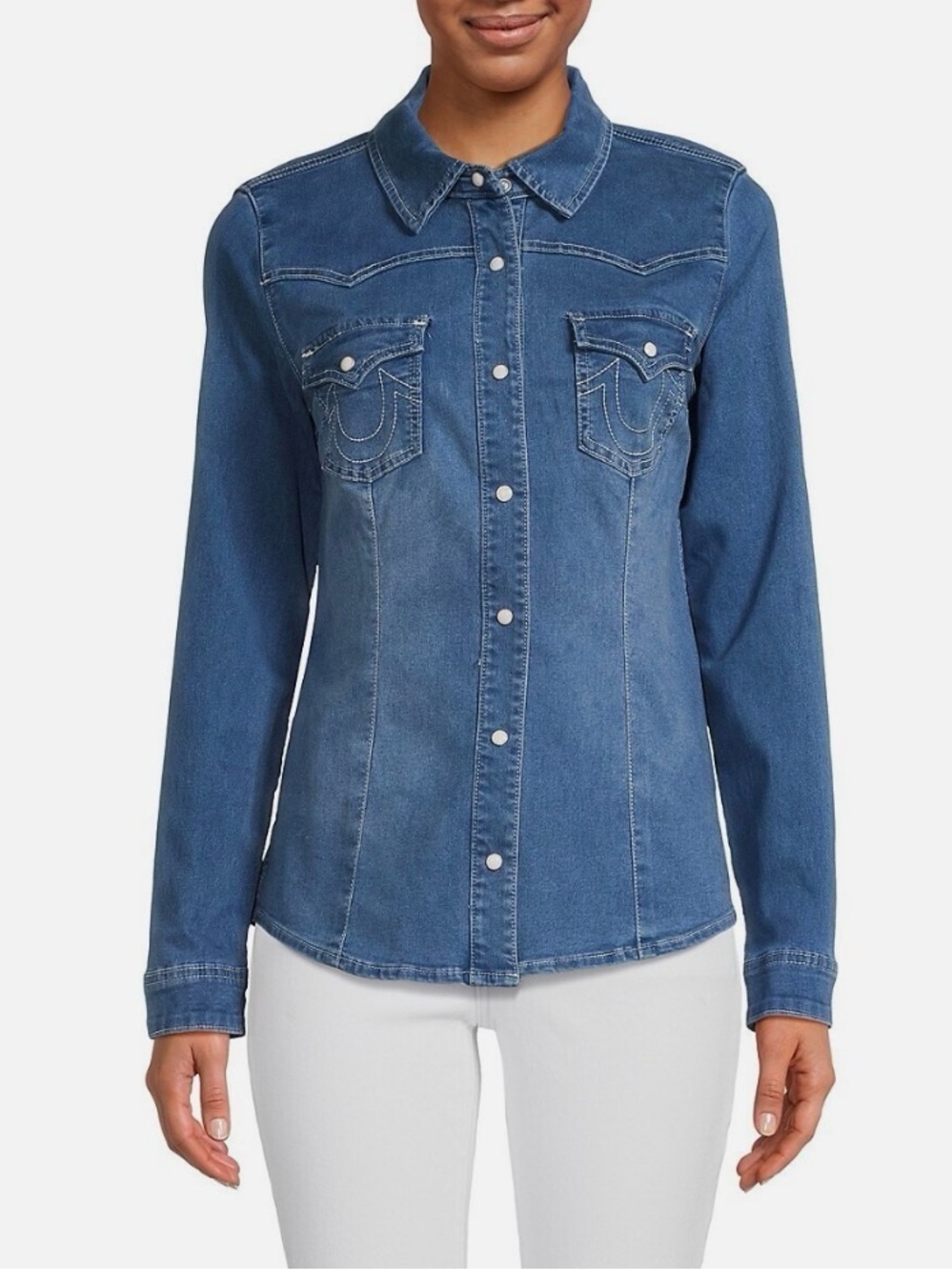 TRUE RELIGION WOMEN'S WESTERN DENIM SHIRT LARGE NEW - Picture 4 of 16